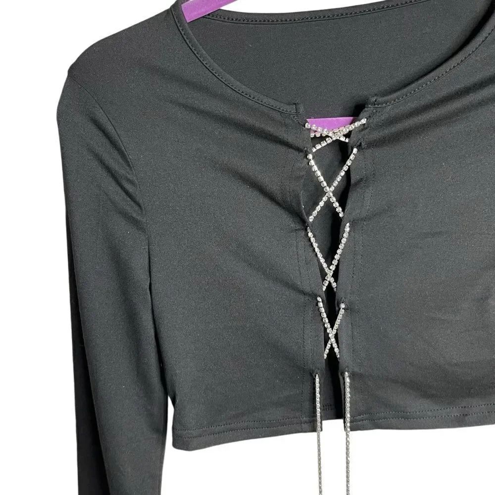 SHEIN Rhinestone Criss Cross Front Long Sleeve Top Black Size Small
